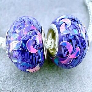 Purple Iridescent Crescent Moon Murano Glass Charms fits PANDORA Set of 2